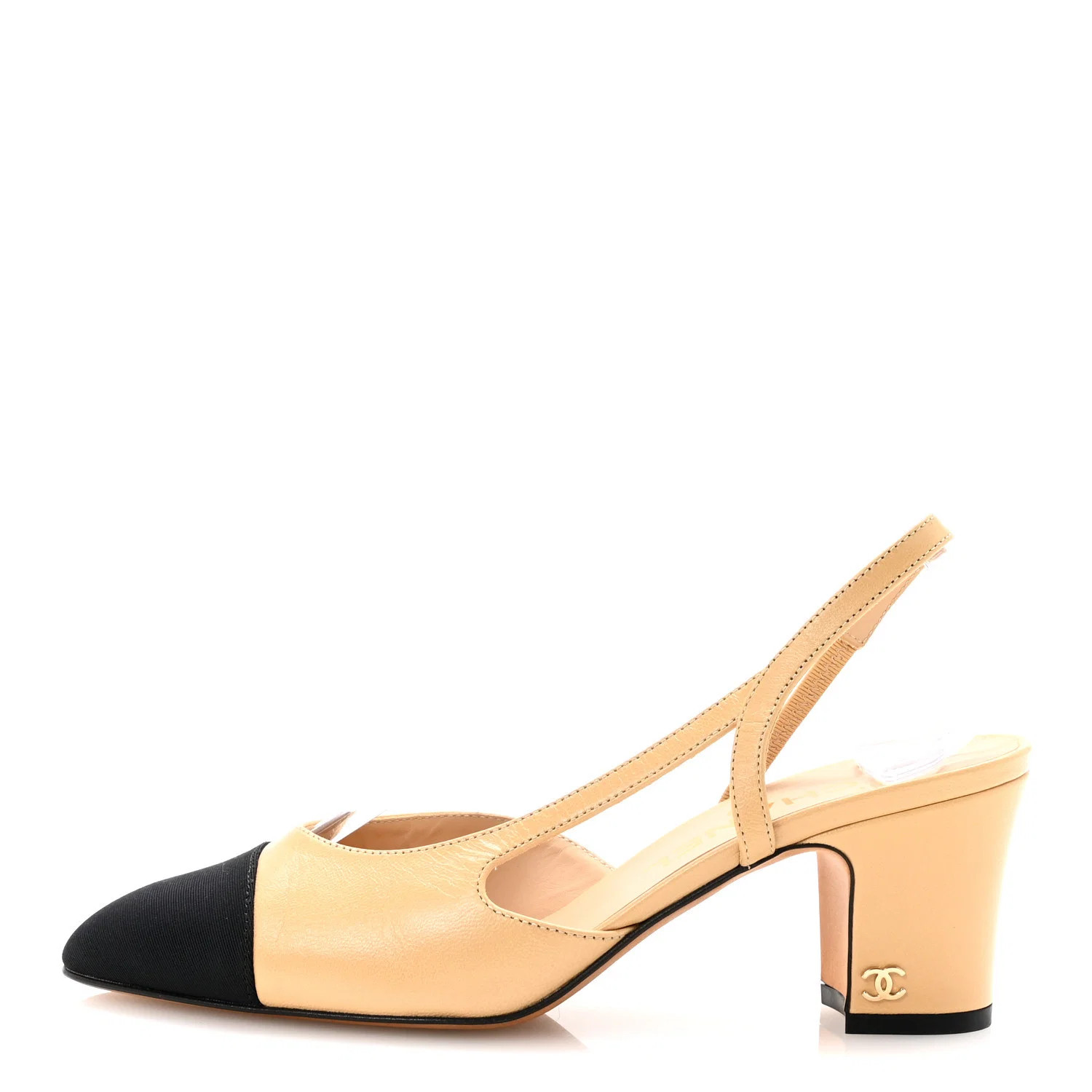 Goatskin Grosgrain Cap Toe CC Slingback Pumps 36.5 Beige Black | FASHIONPHILE (US)