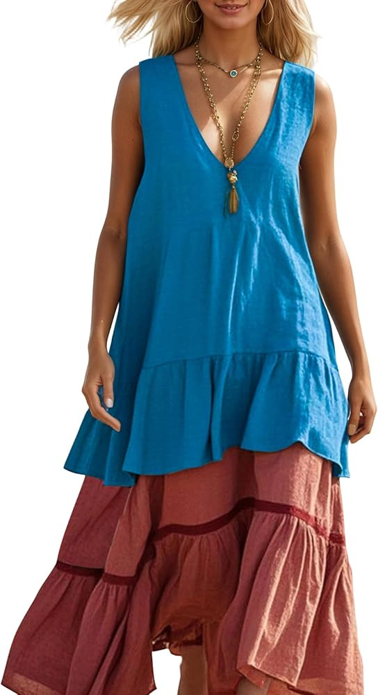Women's Boho Linen-Blend Color Block Tiered Maxi Dress Sleeveless V-Neck Ruffled Spring Summer De... | Amazon (US)