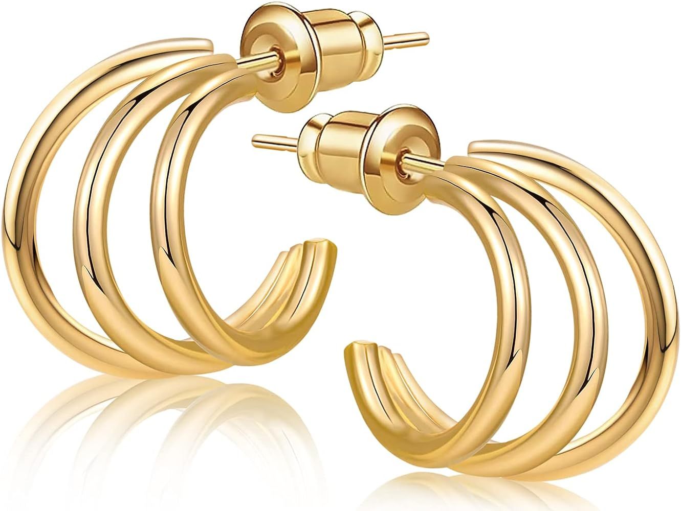 Chunky Triple Hoop Earrings MORAOWA 14K Gold Plated Lightweight Hypoallergenic 925 Sterling Silver P | Amazon (US)