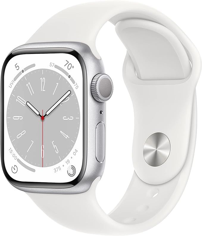 Apple Watch Series 8 GPS 41mm Silver Aluminium Case with White Sport Band - S/M | Amazon (US)