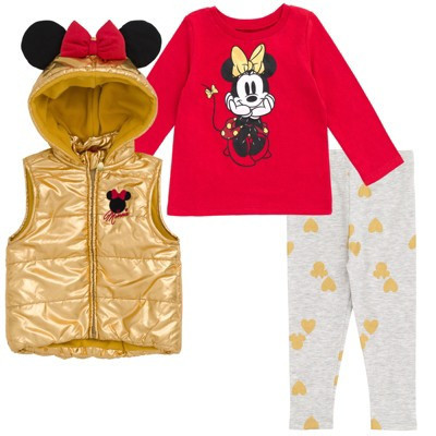 Disney Minnie Mouse Infant Baby Girls Zip Up Vest Puffer T-Shirt and Leggings 3 Piece Outfit Set Red/Yellow 12 Months | Target