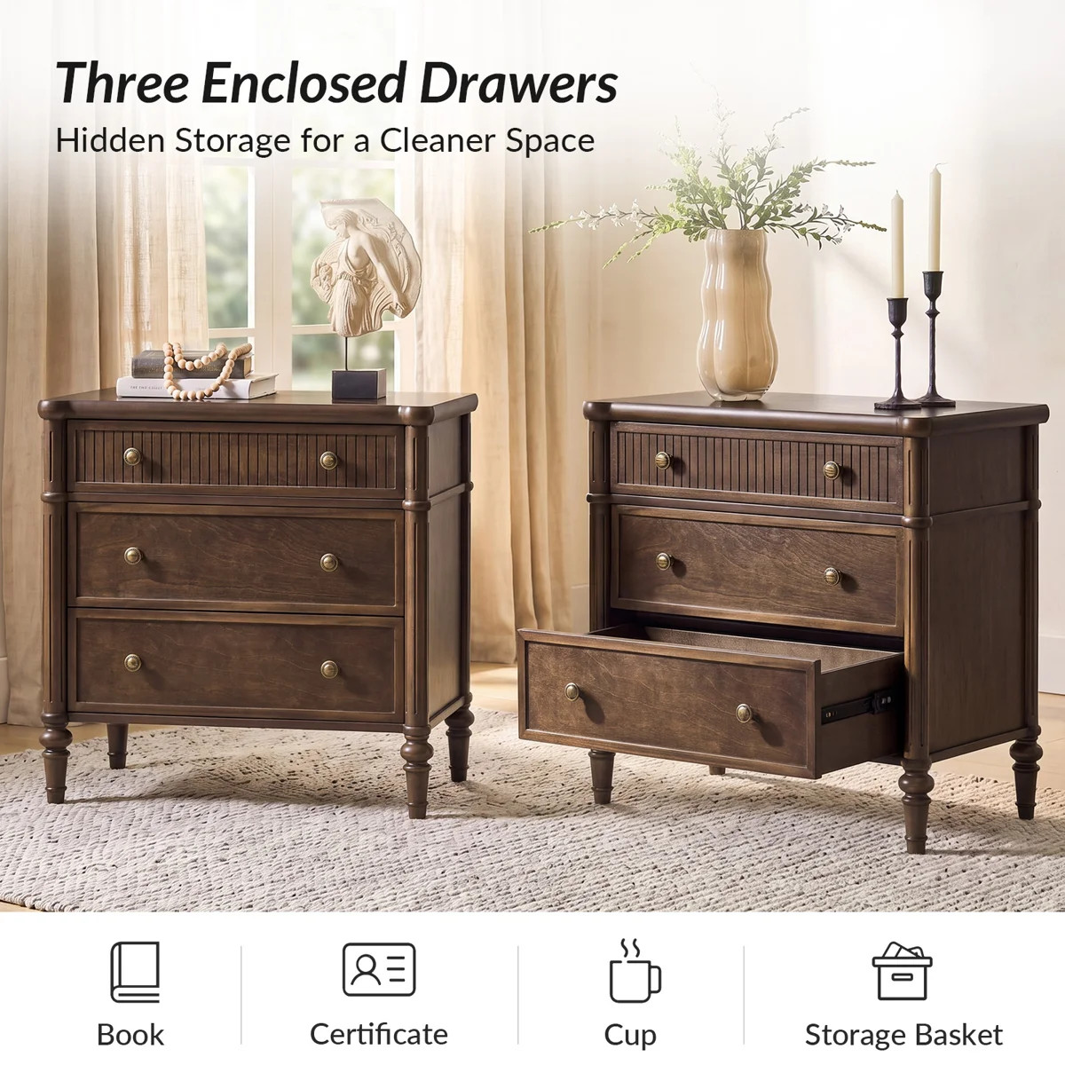 Hoai 28" W 3-Drawer Fluted Solid Wood End Table with Power Outlets | Wayfair North America