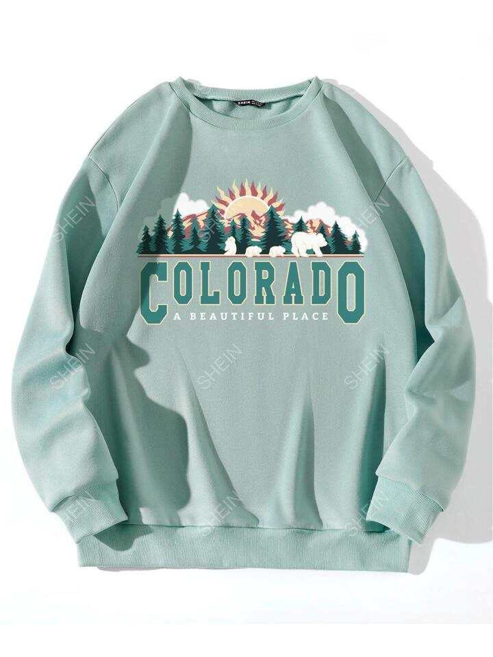 Slogan & Tree Print Thermal Lined Pullover | SHEIN