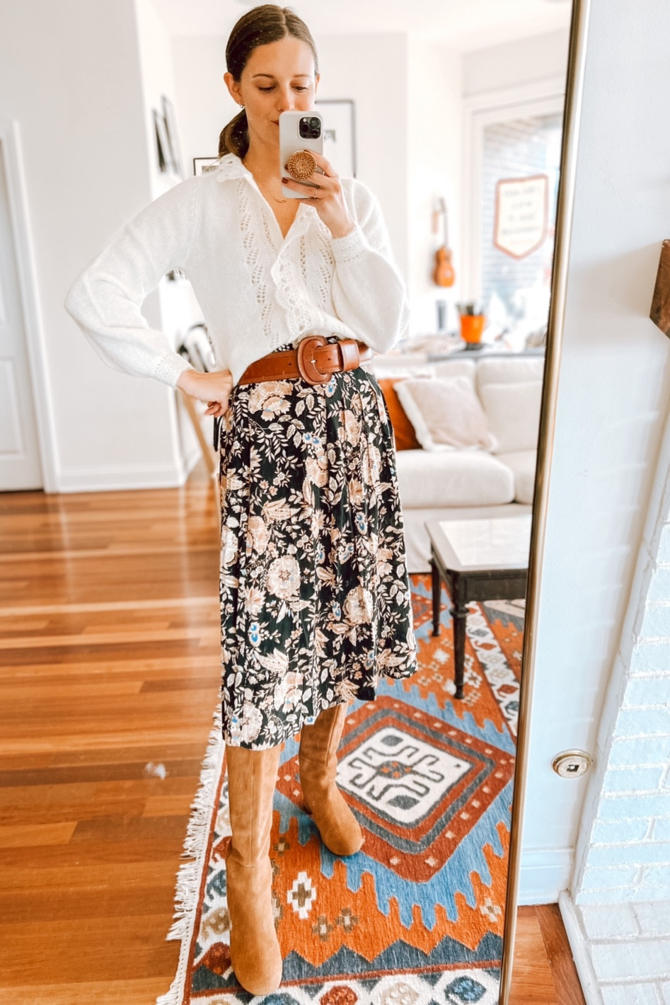 Sweater size small (their sweaters are a bit roomy but I like how the small fits!) skirt I went with my larger size of the range (size 4)boots super old but linking similar! (The blondo version is waterproof suede!!) 