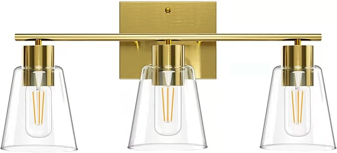 3 Light Gold Bathroom Vanity Light, Bathroom Light Fixtures Over Mirror with Clear Glass Shade, W... | Amazon (US)