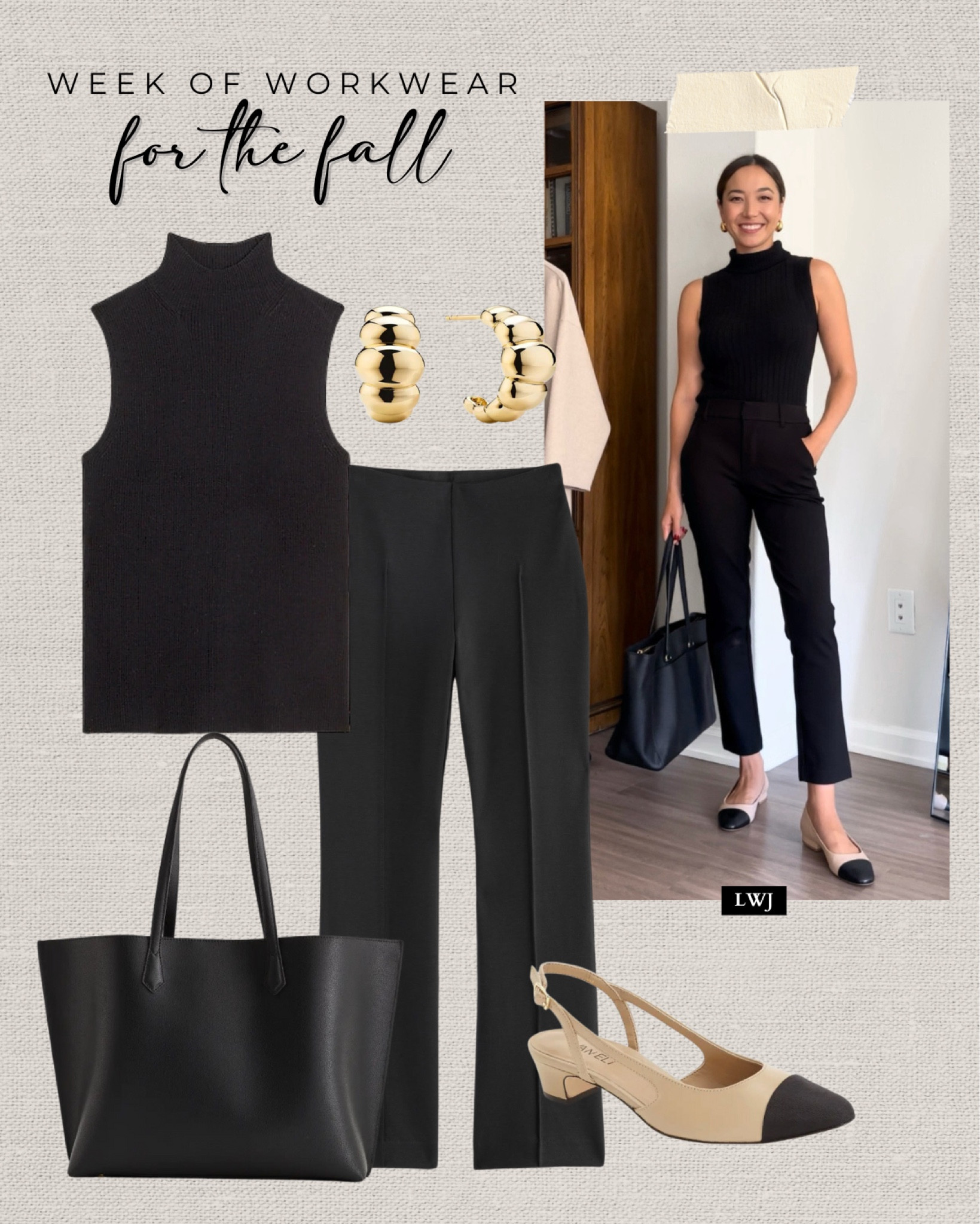Week of workwear for the fall 

Black mockneck / black ankle pants / slingbacks / leather tote work bag / gold jewelry / monochrome office outfit / work outfit / minimal / chic style 

#LTKWorkwear #LTKStyleTip