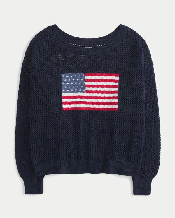 Easy Off-the-Shoulder Stitchy American Flag Graphic Sweater | Hollister (UK)