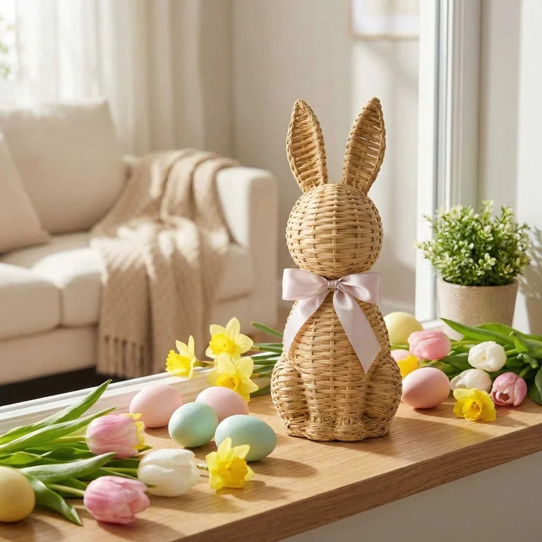 Guvpev 9.8" Handcrafted Look Easter Bunny Decor - Resin Woven Wicker Rabbit with Bow - Timeless F... | Walmart (US)