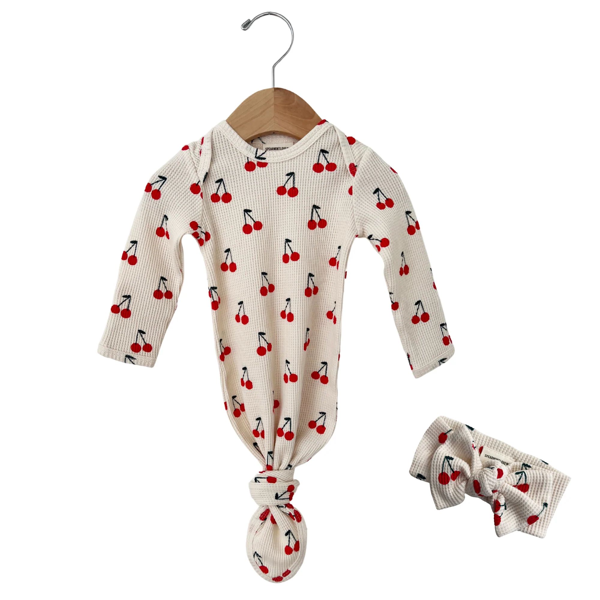 Organic Waffle Knotted Gown & Bow Set, Cherries | SpearmintLOVE