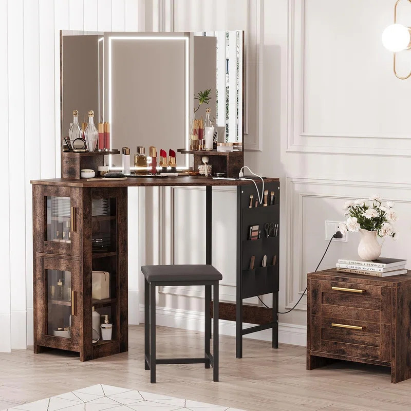 Corner Makeup Vanity with LED Mirror, Charging Station & Stool, Cabinet Storage for Bedroom | Wayfair North America
