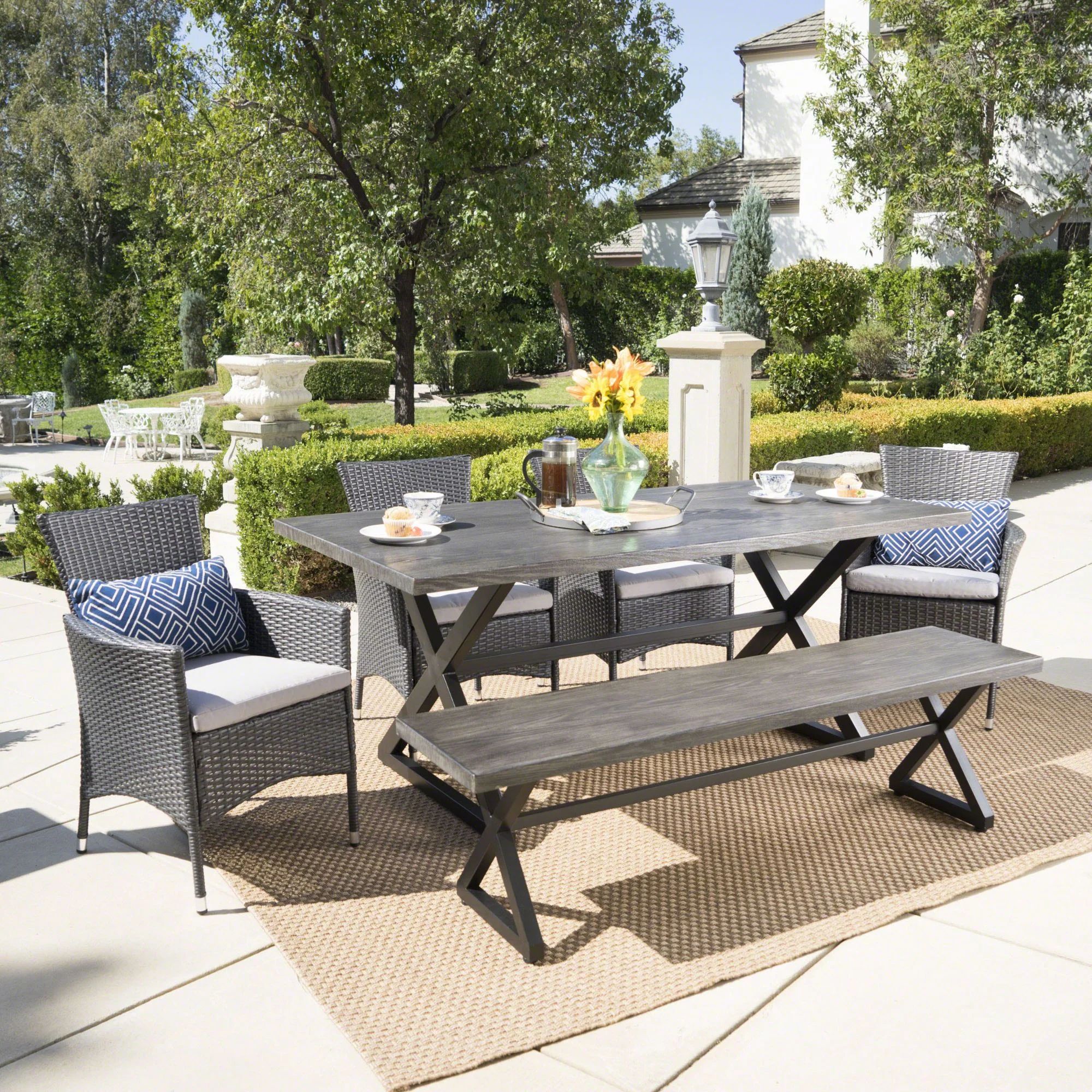 6-Piece Gray Wicker Finish Aluminum Outdoor Furniture Patio Dining Set - Silver Cushions | Walmart (US)