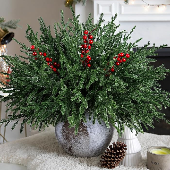 Artificial Faux Christmas Norfolk Pine Stems Branches for Vases,12 Bundles Fake Evergreen Real To... | Amazon (US)