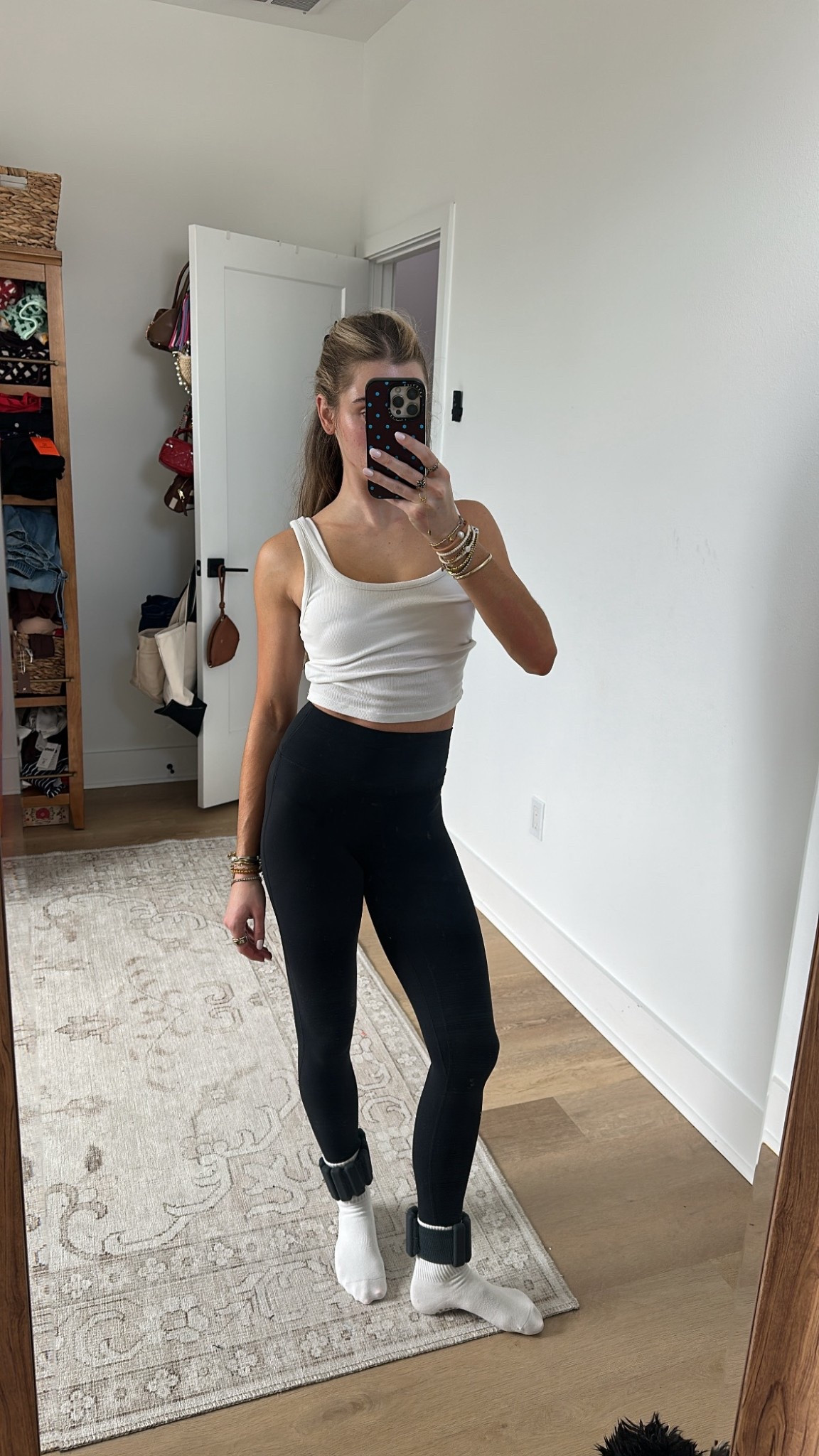 Workout outfit of the day! My leggings are the @abercrombie YPB sculpt flex leggings size XS with my Halara white sports bra and the old navy white tank top. 

My workout and workout gear for my daily workout. I take pilates classes from @lexfish on Instagram she has a whole online platform and membership! Most of my pilates gear and tools are from Bala. Bala use code SLOANE15. 
#workoutgear #workoutwear #pilates #ootd #outfit #athleticwear #athleticoutfit #bikershorts #sportsbra #pilatesoutfit #athleisure #bala #pilatesworkout #pilateslovers #pilatestiktok #balabangles

#LTKmorningroutine #LTKActive #LTKfitnessgoals