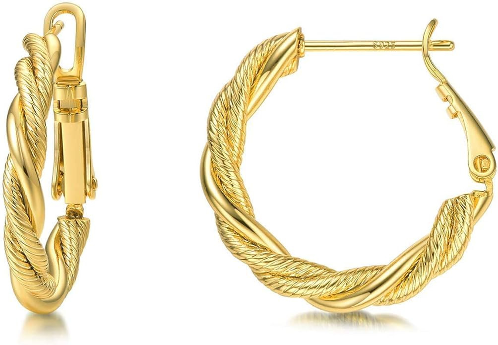 AllenCOCO Gold Hoop Earrings for Women, 18K Gold Plated Twisted Rope Design, Textured Thin Round ... | Amazon (US)