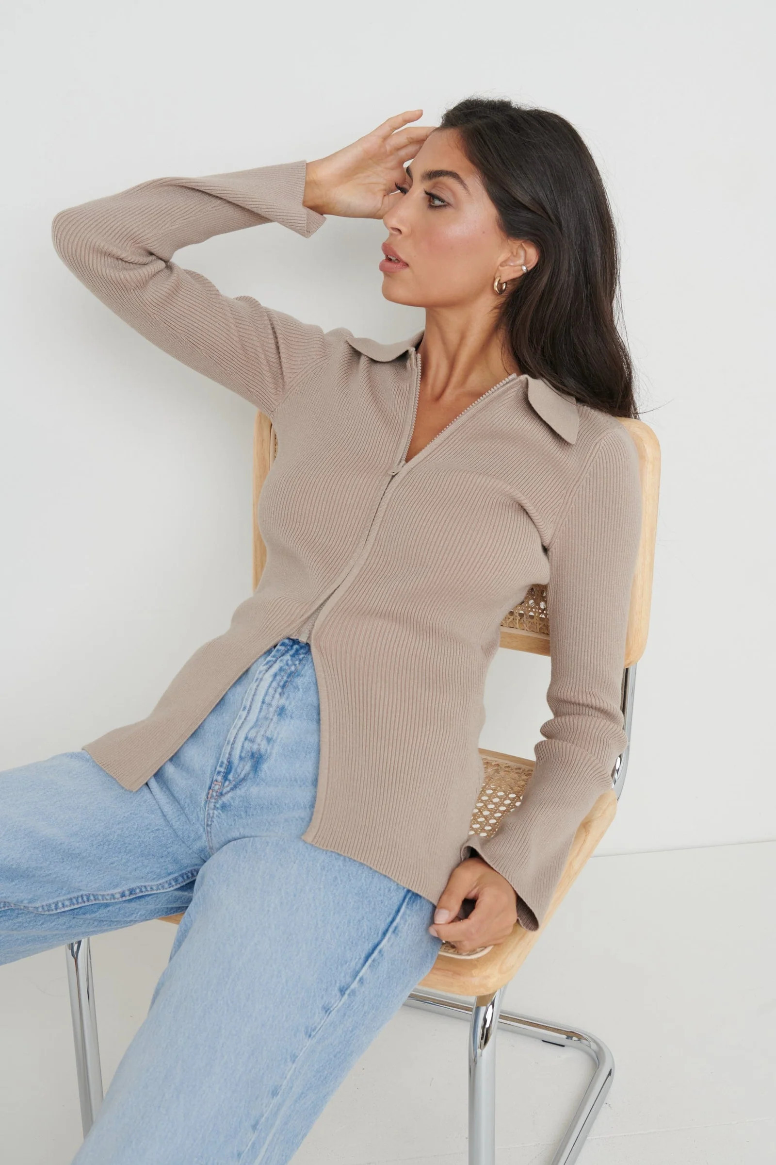 Avery Zip Knit Collared Top - Taupe | Pretty Lavish (UK)