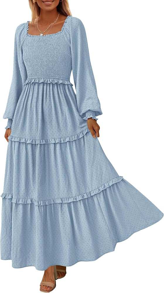 PRETTYGARDEN Women's Spring Long Sleeve Smocked Maxi Dress Casual Square Neck Swiss Dot Tiered Ru... | Amazon (US)