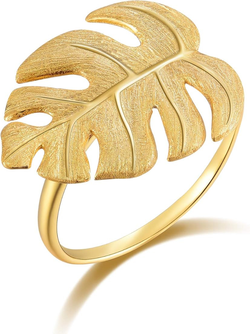 Tropical Ring S925 Sterling Silver Ring Monstera Leaf Ring Handmade Jewelry Unique for Women (Gold) | Amazon (US)