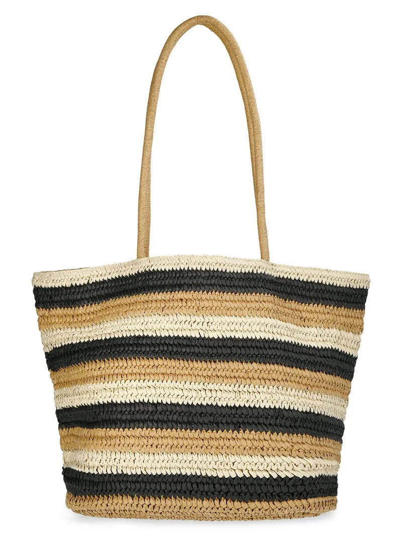 Time and Tru Women's Striped Straw Tote Bag, Natural | Walmart (US)