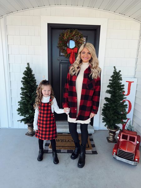 Mommy and Me holiday styles - Girls outfit is under $15! Wearing a BB Dakota red plaid jacket with Spanx, black booties, and an Amazon sweater dress! 

#LTKfamily #LTKHoliday #LTKkids