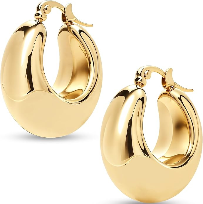 Chunky Gold Hoop Earrings for Women, Thick Lightweight Stainless Steel Hoops, Hypoallergenic Gold... | Amazon (US)