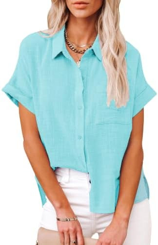 Womens Casual Cotton Linen Button Down Short Sleeve Shirts Solid Summer Beach Blouses Tops with P... | Amazon (US)