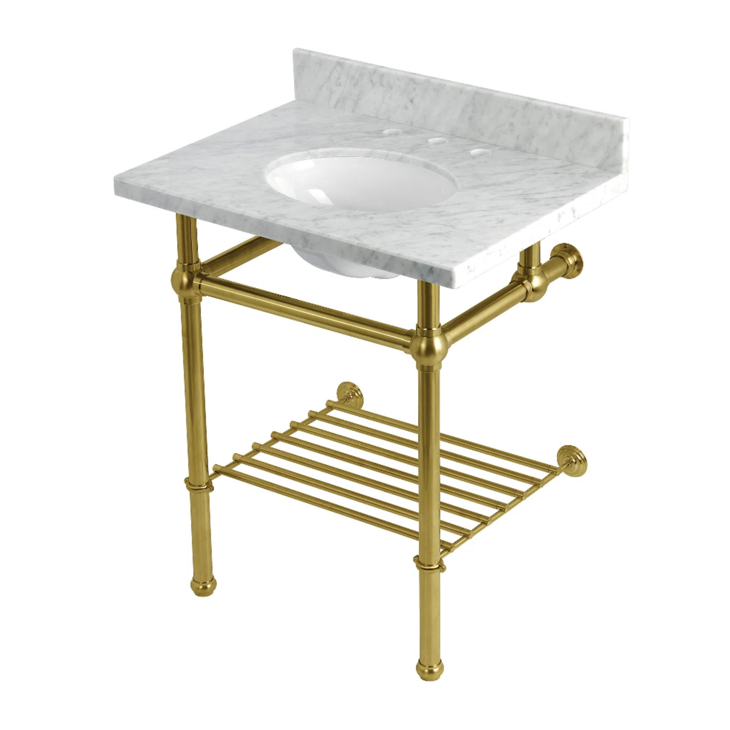 Kingston Brass Templeton 30-Inch Carrara Marble Console Sink with Brass Legs and Shelf (8-Inch, 3... | Wayfair North America