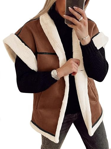 Cicy Bell Womens Suede Sherpa Vest Faux Fur Shearling Jacket Oversized Cap Sleeve Button Down Win... | Amazon (US)