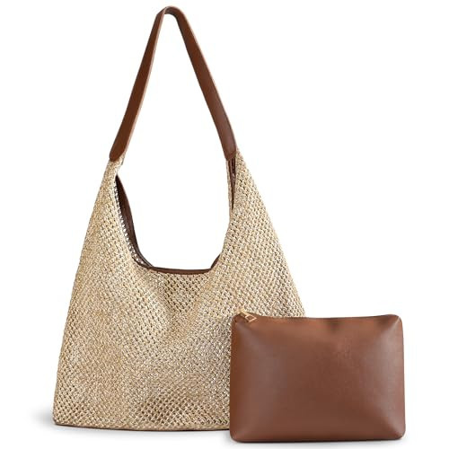 Straw Beach Bags for Women- Beach Bags for Women, Mesh Tote Bag Leather Hobo Purse with Pouch for Vacation, Travel Essentials | Amazon (US)