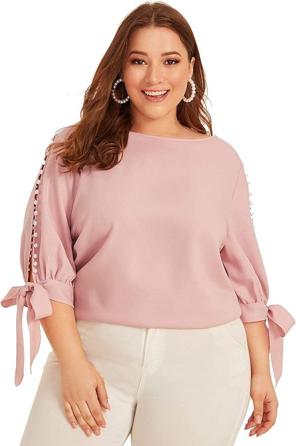 Romwe Women's Plus Size 3/4 Sleeve Pearl Beaded Tie Knot Cuff Solid Blouse Tops Shirt | Amazon (US)