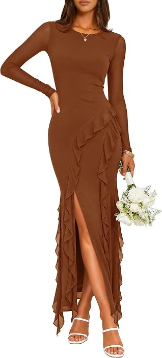 ZESICA Womens Fall Long Sleeve Mesh Bodycon Wedding Guest Maxi Dresses | Amazon (US)