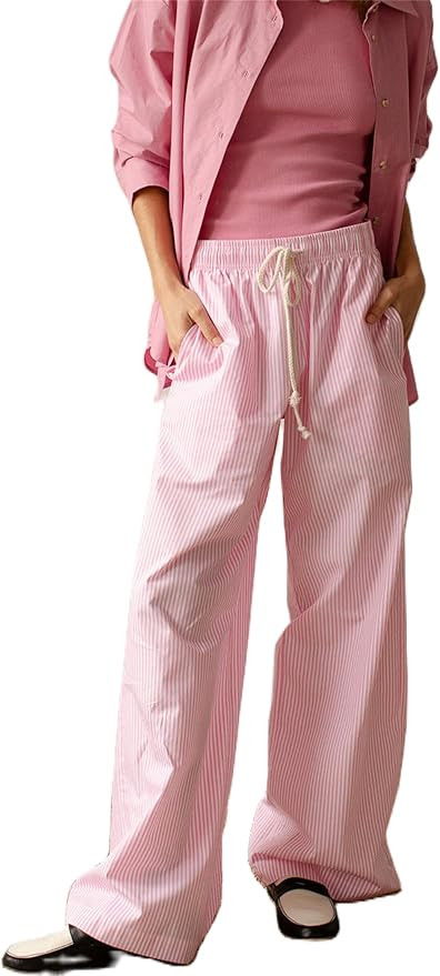 Women Y2k Striped Print Pants Casual Loose Fit High Waist Drawstring Wide Leg Pop Pants Vintage S... | Amazon (US)