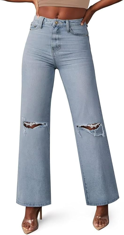 KDF Straight Leg Jeans for Women High Waisted Jeans Frayed Baggy Pants Raw Hem Loose Stretchy Cro... | Amazon (US)