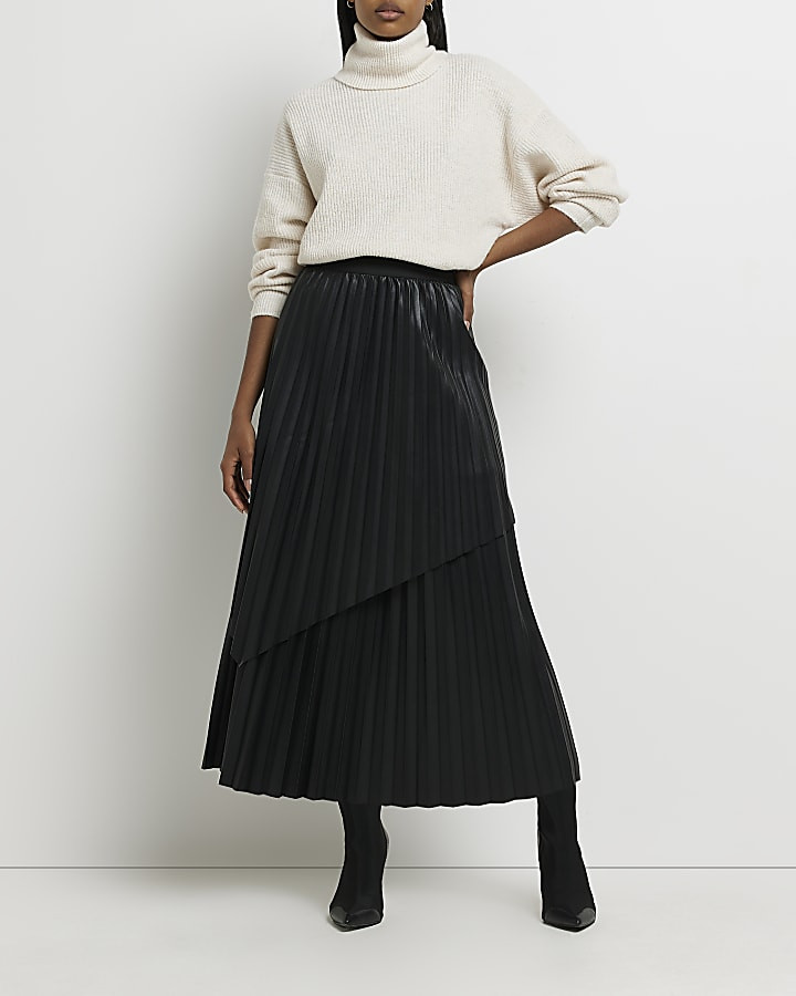 Black faux leather pleated maxi skirt | River Island (US)