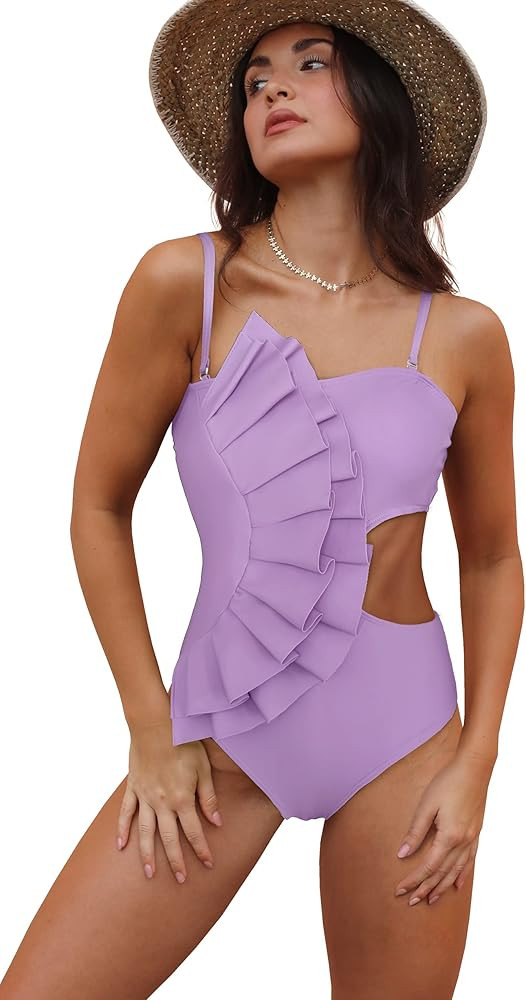 SPORLIKE Women One Piece Swimsuit Flounce Swimwear Hole Out Bathing Suit Padded Monokini | Amazon (US)