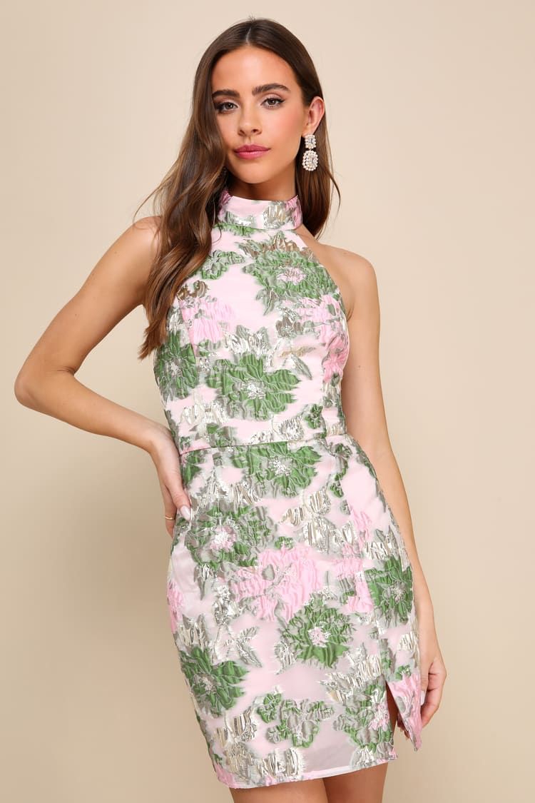 Extraordinary Impression Pink Floral Jacquard Halter Mini Dress | Lulus