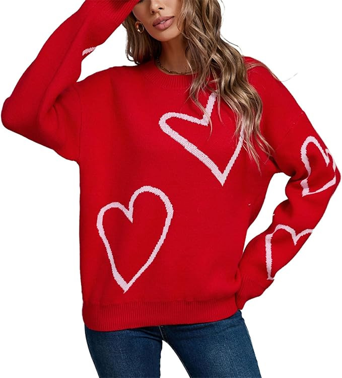 Women Heart Sweaters Long Sleeve Loose Fit Pullover Tops Valentines Day Knit Sweater for Teen Gir... | Amazon (US)