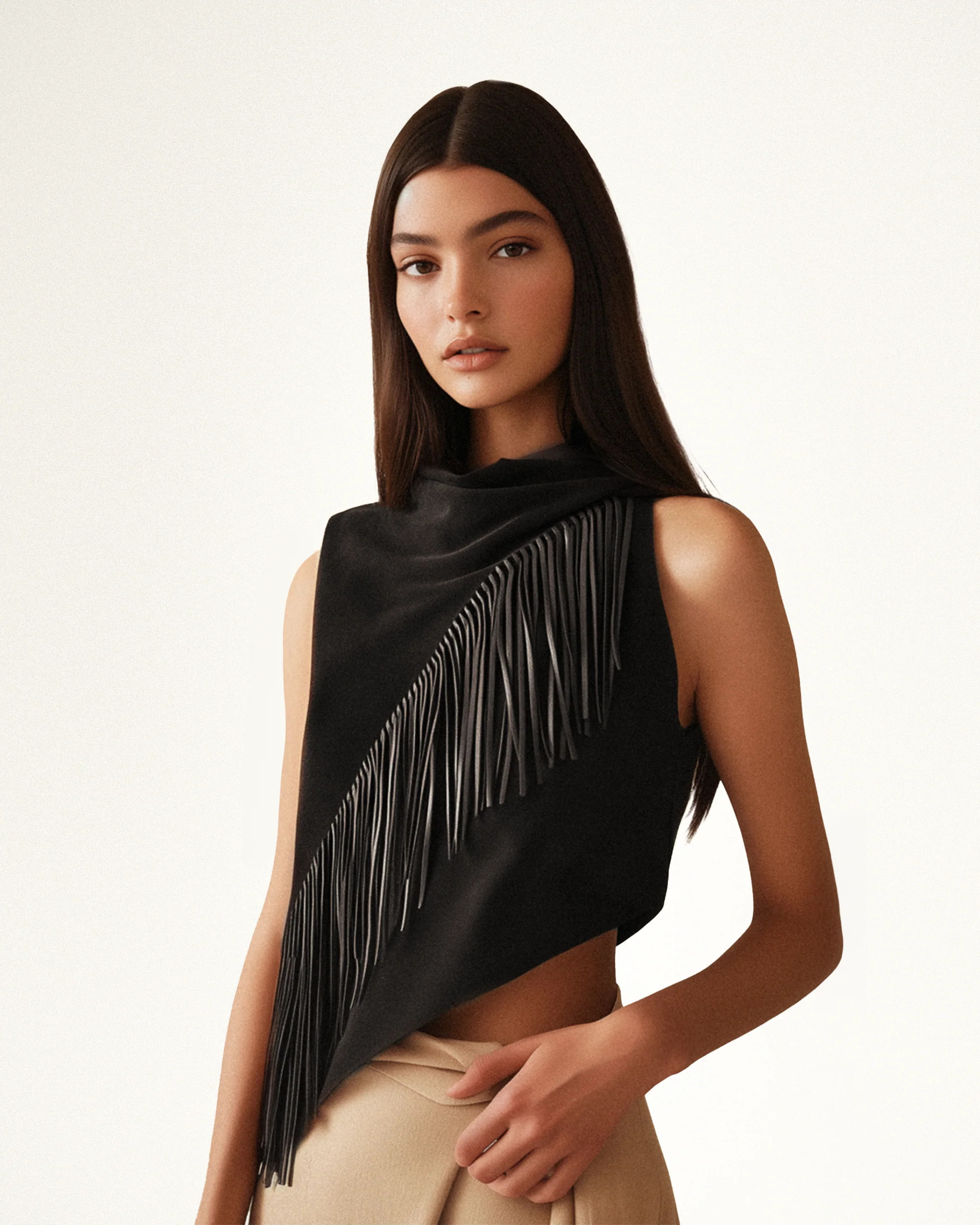 Adeline Asymmetric Fringe Sueded Top - Black | JW PEI US