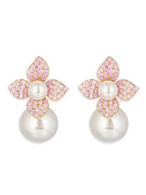 ​Luxe Victoria 14K Goldplated, Cubic Zirconia & Faux Pearl Stud Flower Earrings | Saks Fifth Avenue OFF 5TH