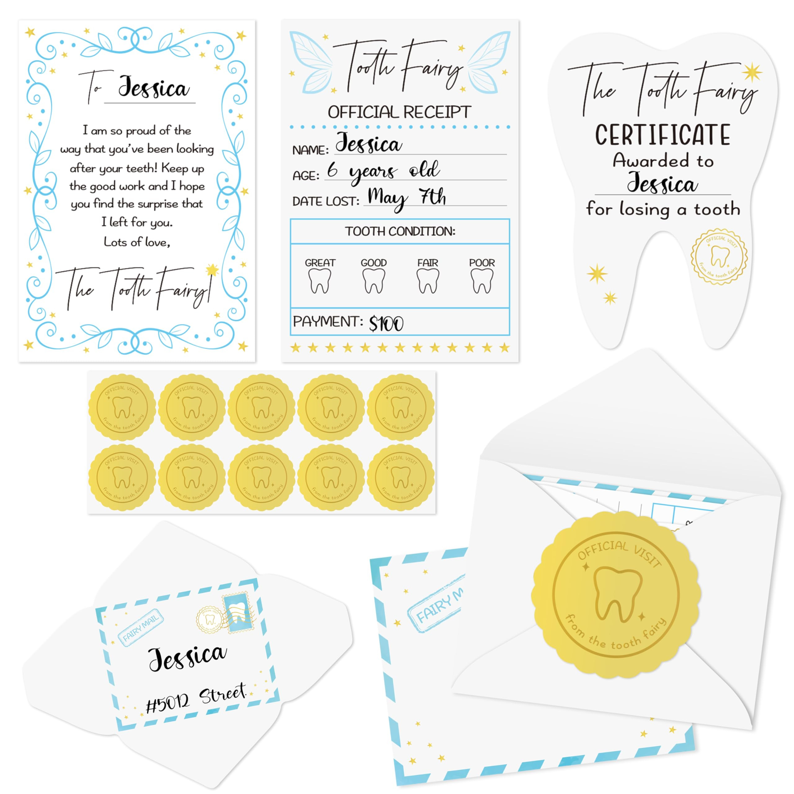 Mini Tooth Receipt Set - 20 Set Blue Tooth Cards with Envelope and Fairy Letter for Kids, Lost Te... | Amazon (US)