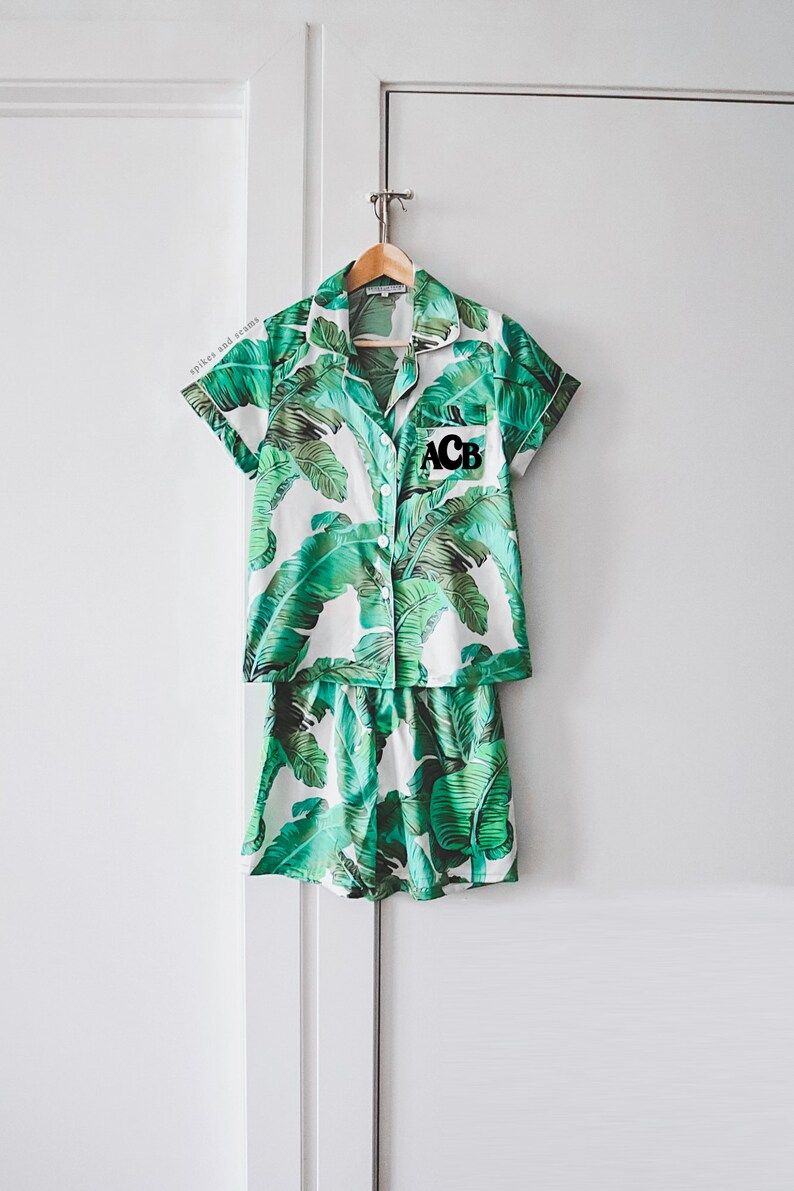 green palm leaves pajama set, banana leaf pajamas, monogram pajamas, bridal party pajamas, brides... | Etsy (US)