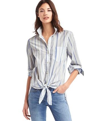 Gap Women Tie Front Print Shirt Size L Tall - Blue stripe | Gap US