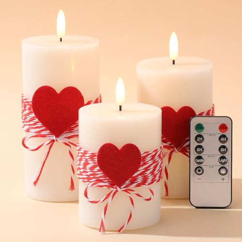 Retisee Valentines 4"5"6" LED Flameless Candles with Red Felt Heart, Set of 3 Flickering Pillar Candle with Remote, Real Wax Battery Operated Valentine Candles for Romantic Night Anniversary Wedding | Amazon (US)