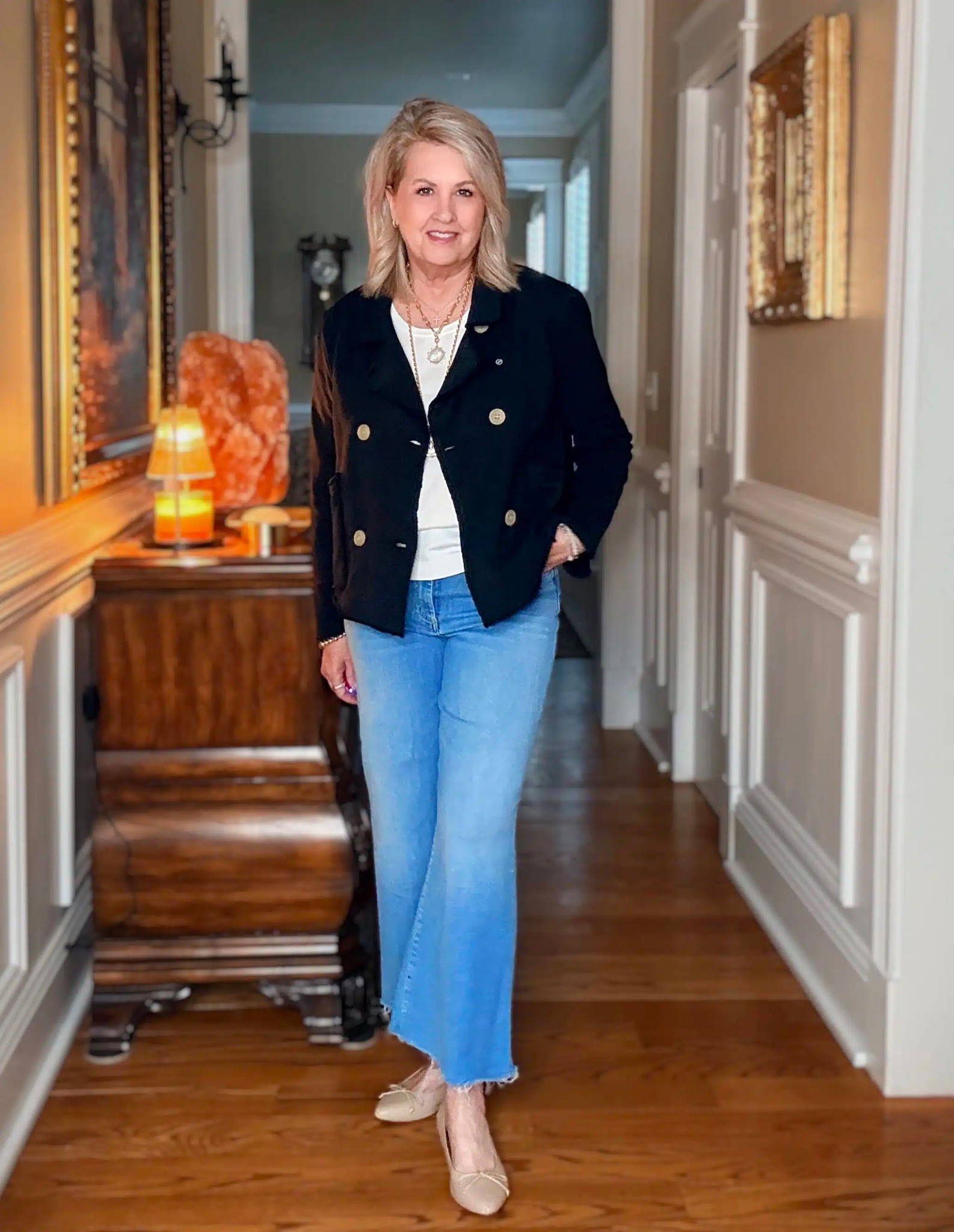 Another classic navy and white outfit for Spring! This cropped sweater blazer is a statement piece that I love. I’m wearing a medium in the blazer, size large in the tank and 29 in my wide leg jeans. 

#LTKOver40 #LTKootd #LTKWorkwear