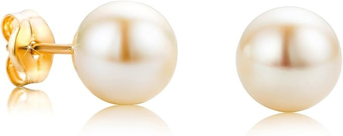 Orovi Womens Round Freshwater Pearl Stud Earrings 18 Ct 750 Solid Yellow Gold Lustrous Pearls Lad... | Amazon (UK)