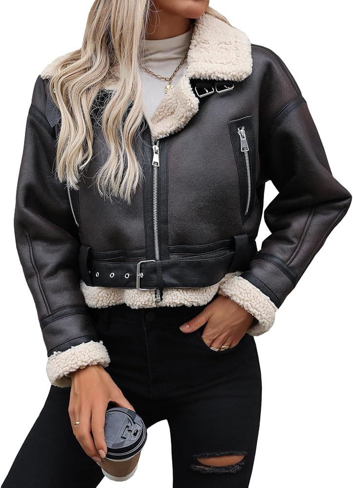 Winter Women Faux Lamb Fur Leather Jacket Warm Fur Lined Zipper Cropped Bomber Aviator Coat | Amazon (US)