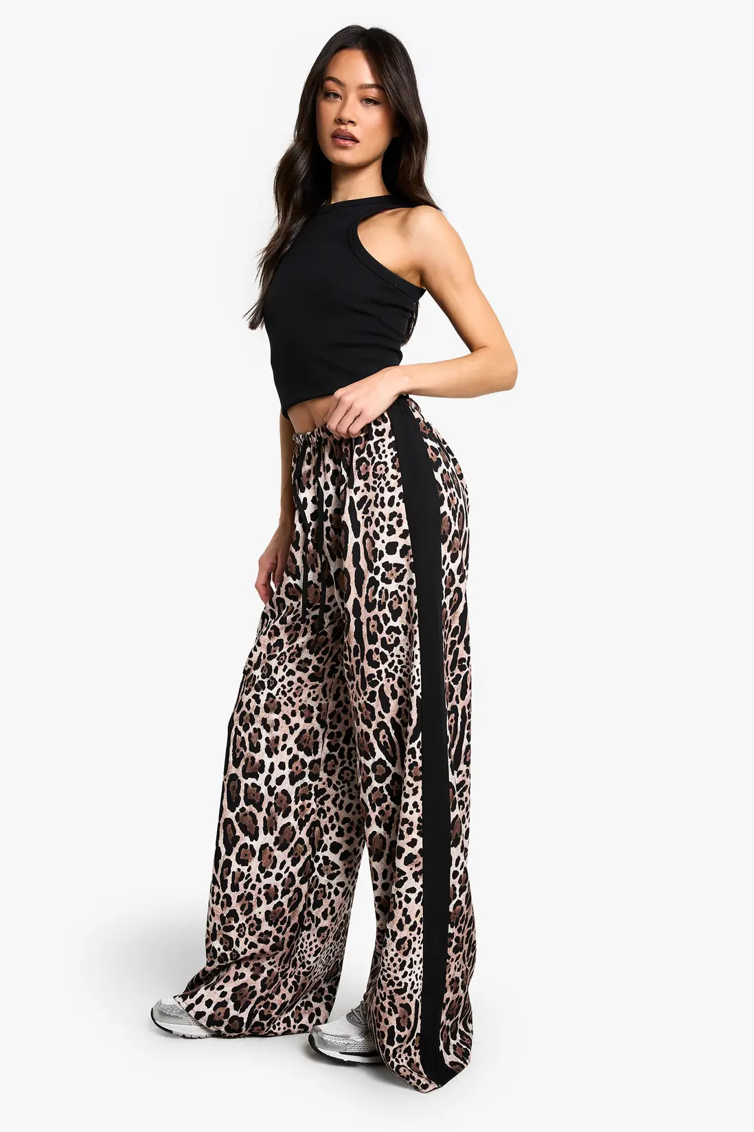 Tall Side Stripe Leopard Drawstring Wide Leg Trousers | boohoo (US & Canada)