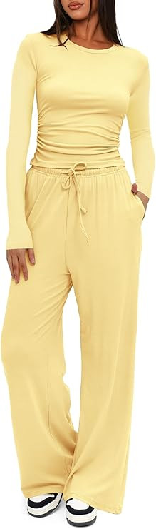 Darong Women's 2 Piece Lounge Sets 2026 Long Sleeve Tops and Wide Leg Pants Set Matching Travel A... | Amazon (US)
