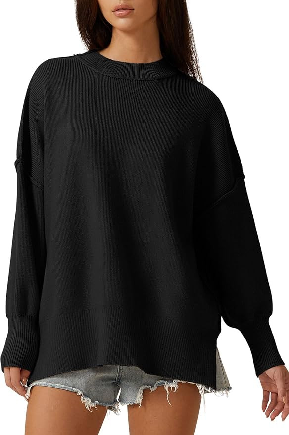 QINSEN Womens Mock Neck Long Sleeve Pullover Drop Shoulder Side Slit Street Tunic Sweater | Amazon (US)