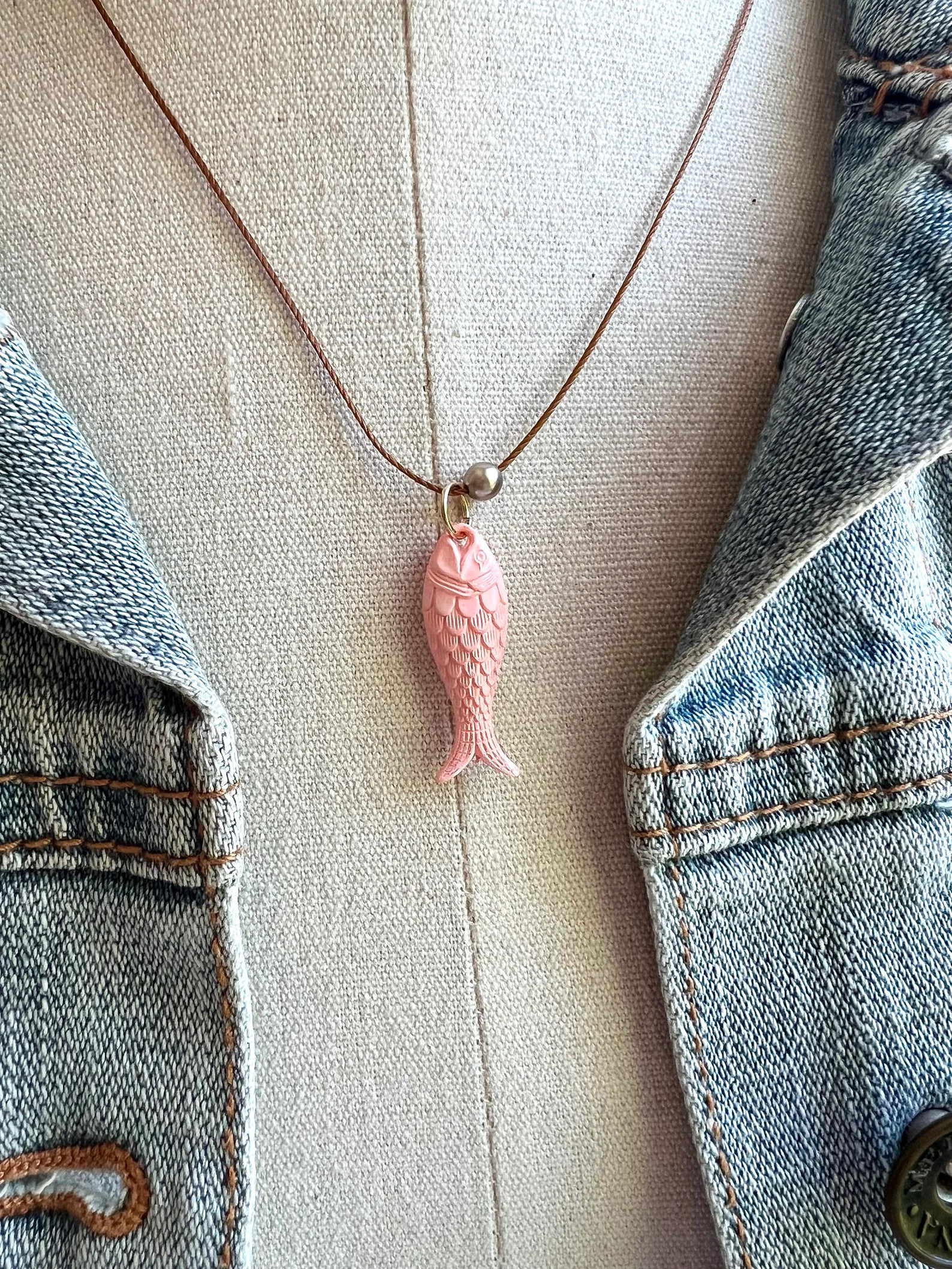 Light Pink Fish Charm Necklace: Vintage Etched Pendant, Faux Pearl, Cord Necklace | Etsy (Global)