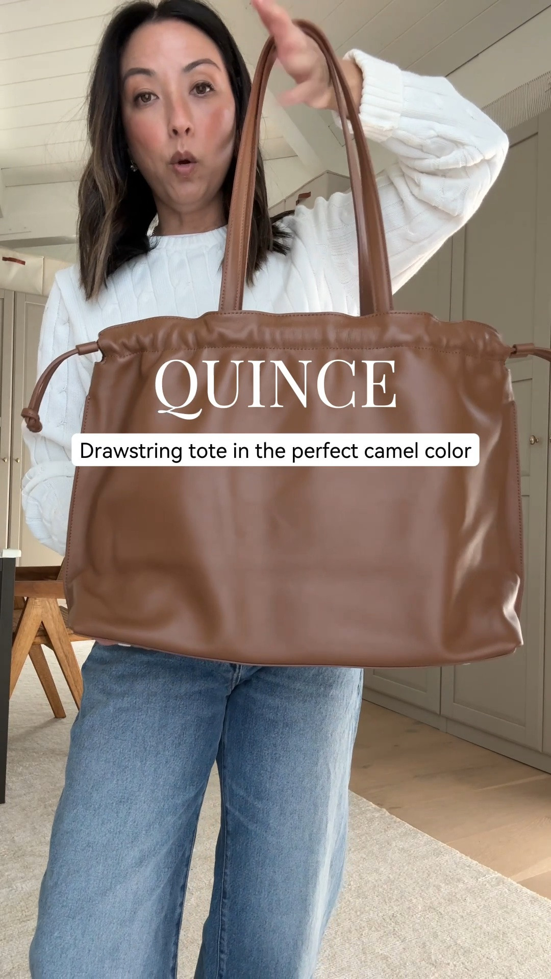 Another great tote from Quince, in the perfect camel color. Sold out quickly so linked similar. 

Marcella drawstring bag
Cable knit small - size up for a roomier fit

#LTKmomlife #LTKPetite #LTKOver40